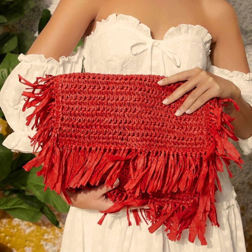 LAST ONE!!! Extra Large Red Magnet Closure Woven Style Shaggy Clutch Bag